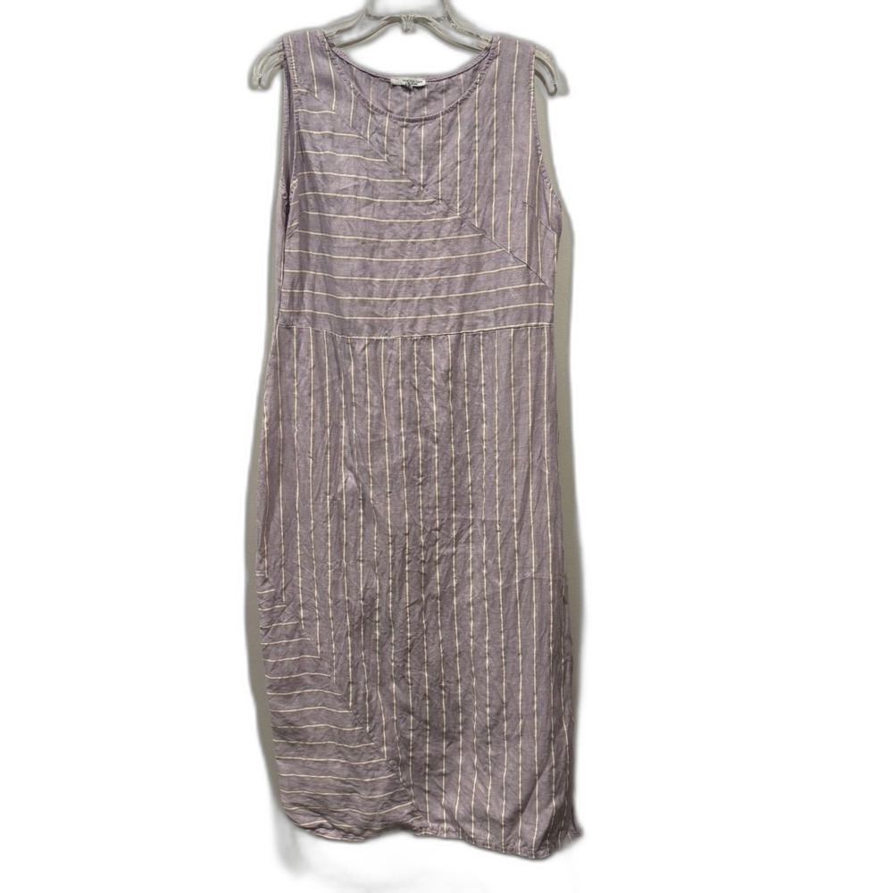 Vanessa Zani Midi Dress Italian Linen Striped Sleeveless Lavender Women sz Large
